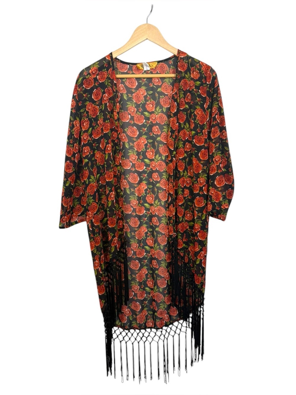 Dolce Bonita Rose Print Sheer Fringe Kimono Womens Large Boho Festival Duster